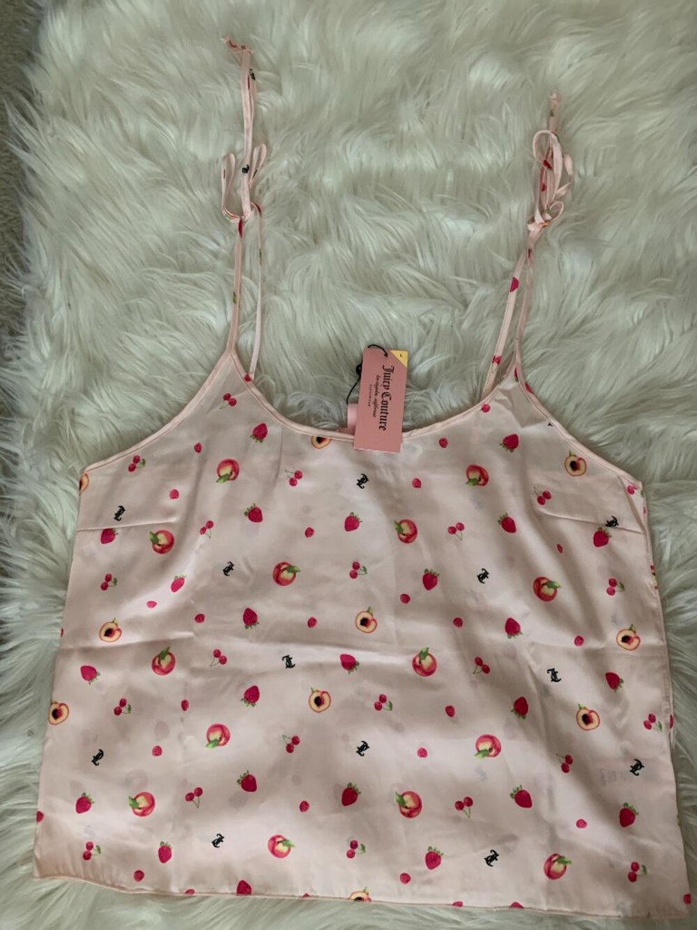 JUICY COUTURE Juicy Fruit Printed Satin Sleep Cami & Shorts Pajamas Set Sz LARGE - Picture 2 of 6